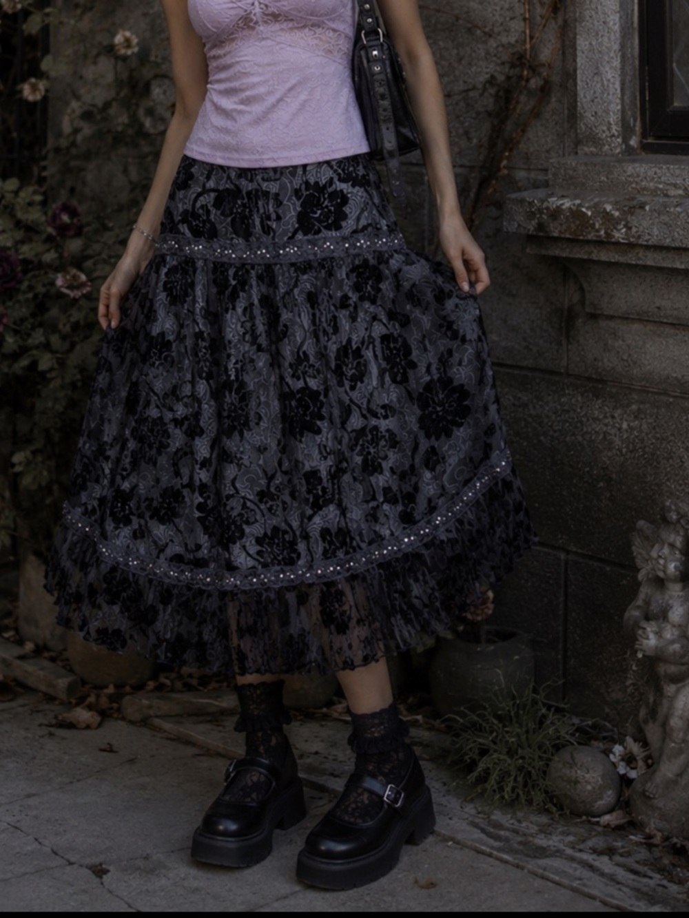 DStudio Women Floral Skirt‎ Size 12 Black Velvet Burnout Whimsigoth Fairy Grunge